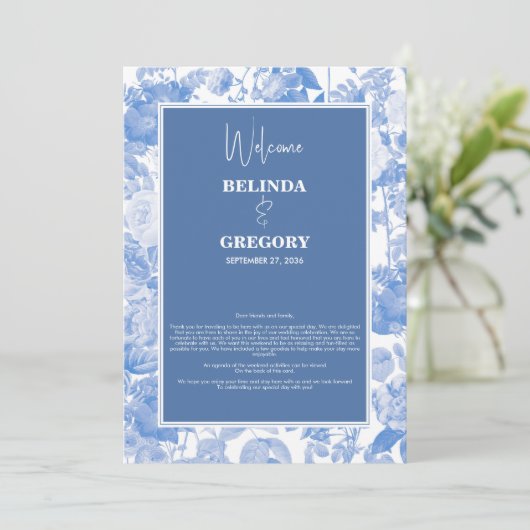 Blue Botanical Florals Wedding Tour Programm (Stehend Vorderseite)