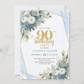 Blue Botanical Gold Frame 90th Birthday Invite Einladung (Vorderseite)