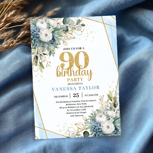 Blue Botanical Gold Frame 90th Birthday Invite Einladung