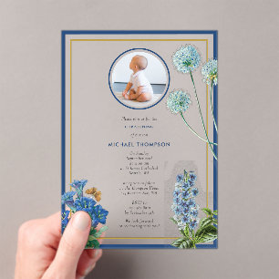 Blue Botanical Gold Taufe Christening Boy Foto Acryleinladungen