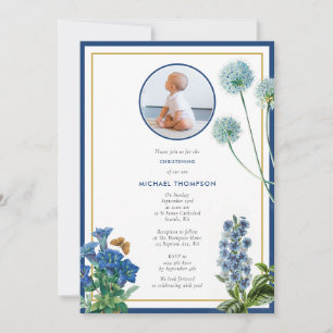 Blue Botanical Gold Taufe Christening Boy Foto Einladung