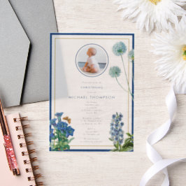 Blue Botanical Gold Taufe Christening Boy Foto Pergament Einladungen