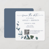 Blue Botanical Leaf Save the Date w/QR Code+Image Einladung (Vorne/Hinten)