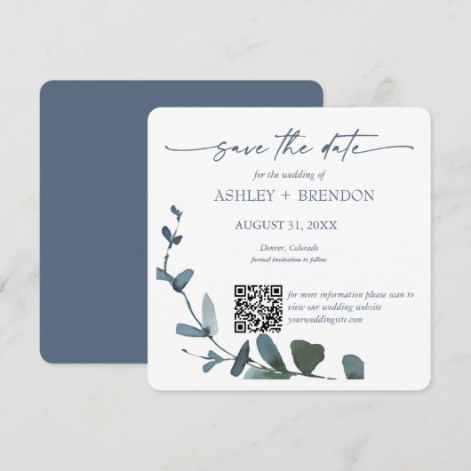 Blue Botanical Leaf Save the Date w/QR Code+Image Einladung (Vorne/Hinten)