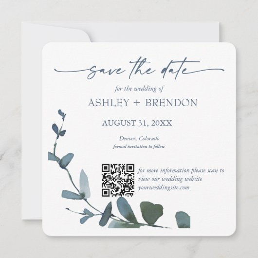Blue Botanical Leaf Save the Date w/QR Code+Image Einladung (Vorderseite)
