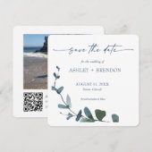 Blue Botanical Leaf Save the Date w/QR Code+Image Einladung (Vorne/Hinten)