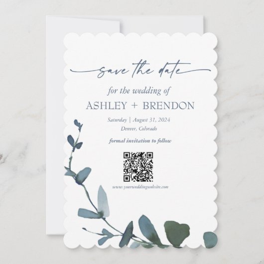 Blue Botanical Leaf Save the Date w/QR + Image Einladung (Vorderseite)