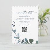 Blue Botanical Leaf Save the Date w/QR + Image Einladung (Stehend Vorderseite)