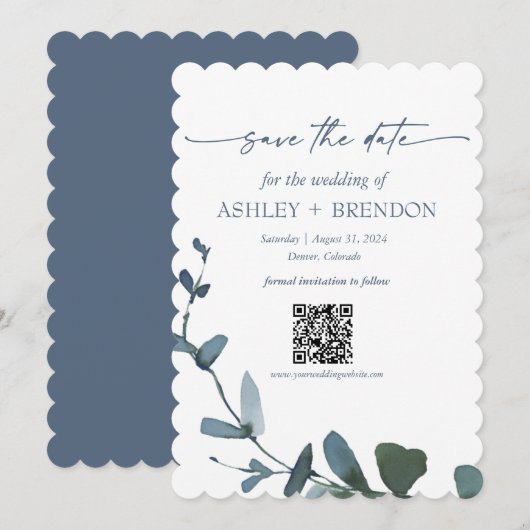 Blue Botanical Leaf Save the Date w/QR + Image Einladung (Vorne/Hinten)