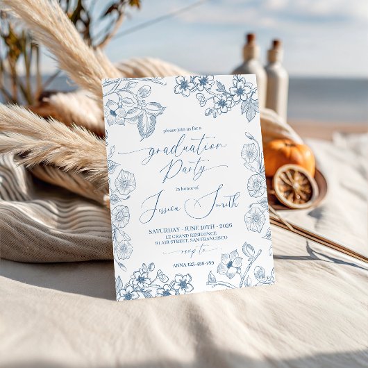 Blue Botanical Line Art Graduation Invite Einladung