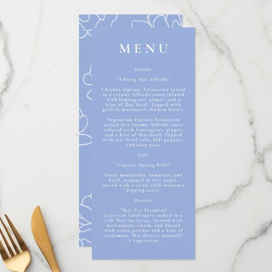 Blue Botanical Modern Wedding Menu Menükarte