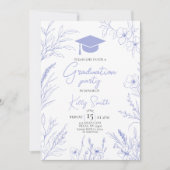 Blue Botanical Sketch Graduation Invite Einladung (Vorderseite)