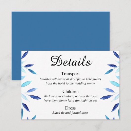 Blue Botanical Watercolor Wedding Details Card Einladung (Vorne/Hinten)