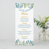 Blue Botanical Wedding Dinner Menu Card Einladung (Stehend Vorderseite)