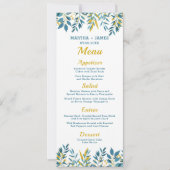 Blue Botanical Wedding Dinner Menu Card Einladung (Vorderseite)