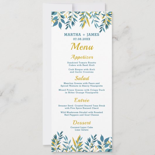 Blue Botanical Wedding Dinner Menu Card Einladung (Vorderseite)