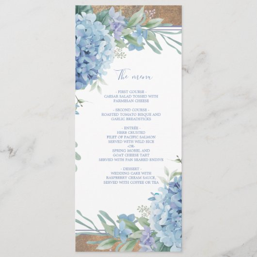 Blue Botanical Wedding Hydrangea Menü Programm (Vorderseite)