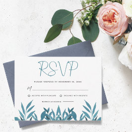 Blue Botanical Wedding RSVP Card Karte