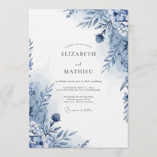 Blue Botanical Whimsy Wedding Einladung (Vorderseite)