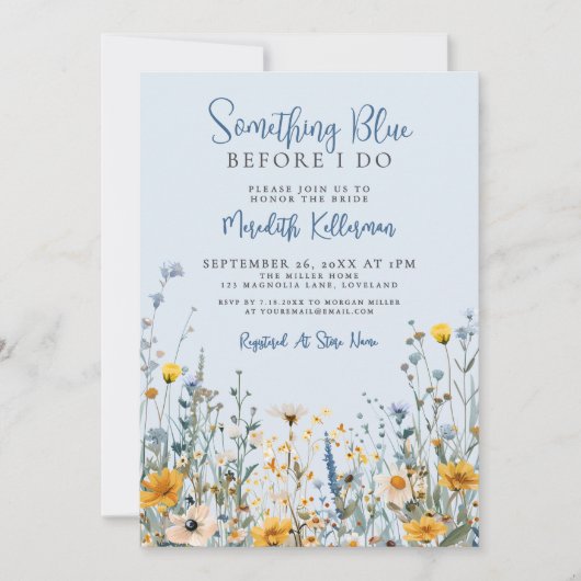 Blue Botanical Wildflower Bridal Shower Einladung (Vorderseite)
