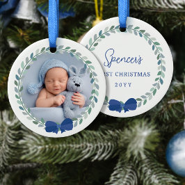 Blue Bow-Adorned Wreath Baby's First Christmas Keramik Ornament