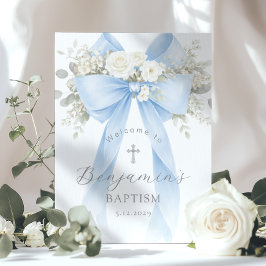 Blue Bow Baby Boy Baptism Elegant Welcome Poster