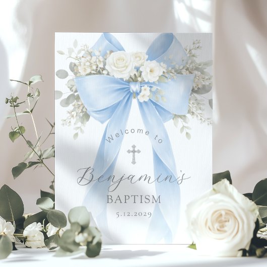 Blue Bow Baby Boy Baptism Elegant Welcome Poster