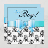 Blue Bow Baby Boy Dusche Schwarz-Weiß Damask Einladung (Vorne/Hinten)