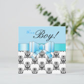 Blue Bow Baby Boy Dusche Schwarz-Weiß Damask Einladung (Stehend Vorderseite)
