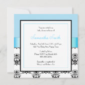Blue Bow Baby Boy Dusche Schwarz-Weiß Damask Einladung (Rückseite)