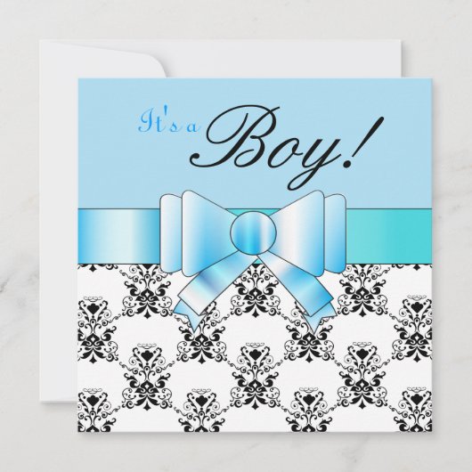 Blue Bow Baby Boy Dusche Schwarz-Weiß Damask Einladung (Vorderseite)