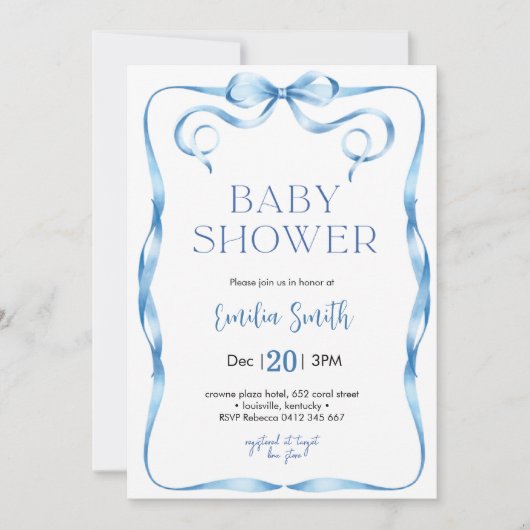 Blue Bow Baby Dusche Einladung (Vorderseite)