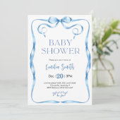 Blue Bow Baby Dusche Einladung (Stehend Vorderseite)