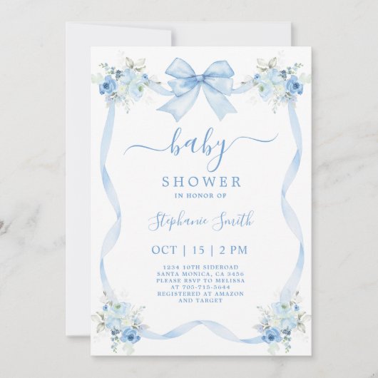 Blue Bow Baby Dusche Einladung (Vorderseite)