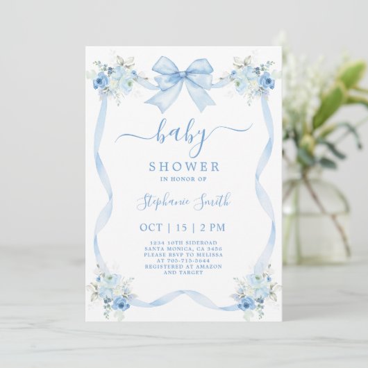 Blue Bow Baby Dusche Einladung (Stehend Vorderseite)