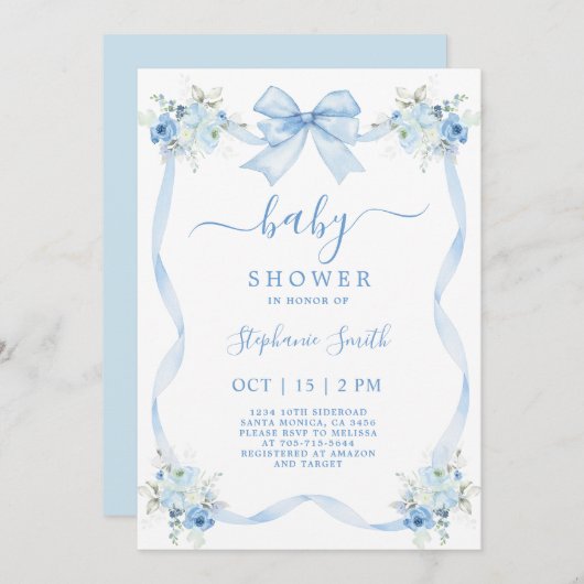 Blue Bow Baby Dusche Einladung (Vorne/Hinten)