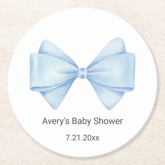 Blue Bow Baby Dusche Runder Pappuntersetzer (Vorderseite)