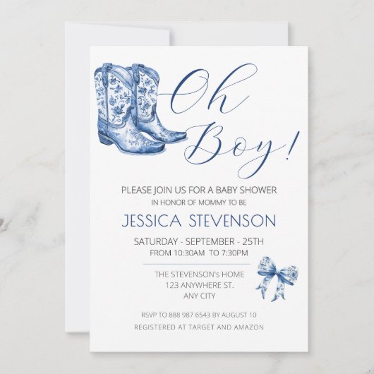 Blue Bow Baby Dusche Wasserfarbe Einladung (Vorderseite)