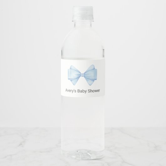 Blue Bow Baby Dusche Wasserflaschenetikett (Vorderseite)