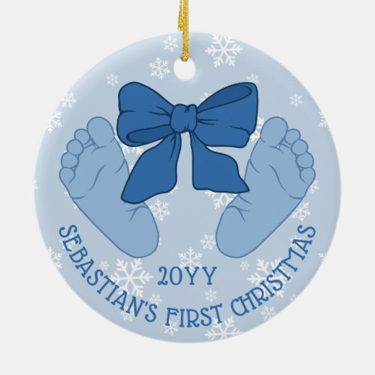 Blue Bow Baby Feet Photo Son's First Christmas Keramik Ornament (Hinten)