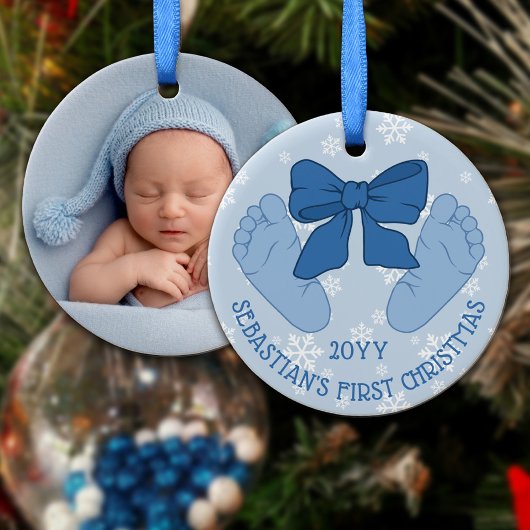 Blue Bow Baby Feet Photo Son's First Christmas Keramik Ornament