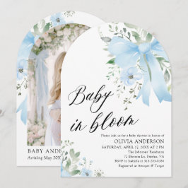 Blue Bow Baby in Bloom Floral Arch Baby Dusche Einladung