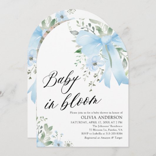Blue Bow Baby in Bloom Floral Arch Baby Dusche Einladung (Vorne/Hinten)