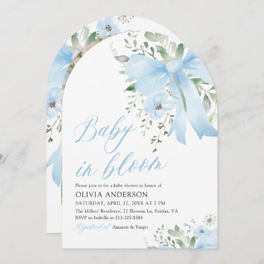 Blue Bow Baby in Bloom Floral Boy Arch Baby Dusche Einladung (Vorne/Hinten)