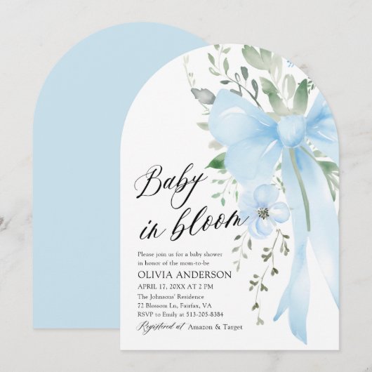 Blue Bow Baby in Bloom Floral Boy Arch Baby Dusche Einladung (Vorne/Hinten)