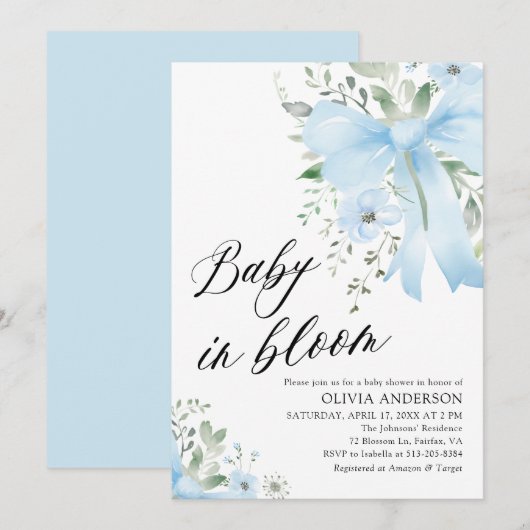 Blue Bow Baby in Bloom Floral Boy Baby Dusche Einladung (Vorne/Hinten)