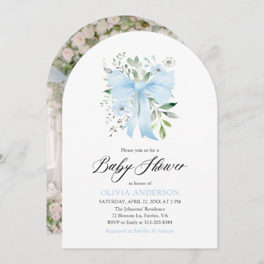 Blue Bow Baby in Bloom Floral Boy Baby Dusche Einladung (Vorne/Hinten)