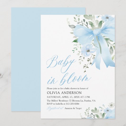 Blue Bow Baby in Bloom Floral Boy Baby Dusche Einladung (Vorne/Hinten)