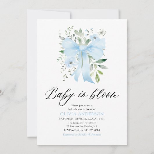 Blue Bow Baby in Bloom Floral Boy Baby Dusche Einladung (Vorderseite)