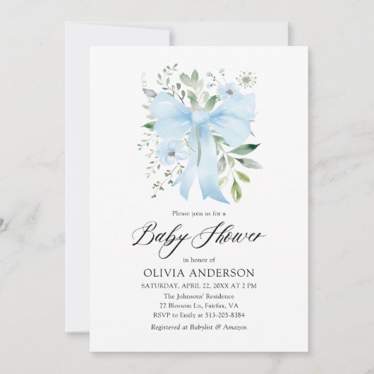 Blue Bow Baby in Bloom Floral Boy Baby Dusche Einladung (Vorderseite)